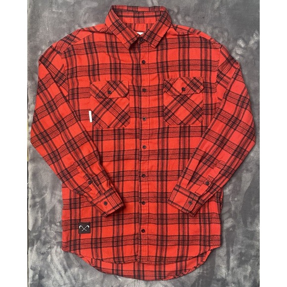 Saint Morta Flannel Shirt Men's Medium Red Tartan Plaid Long Sleeve Streetwear - Picture 1 of 6